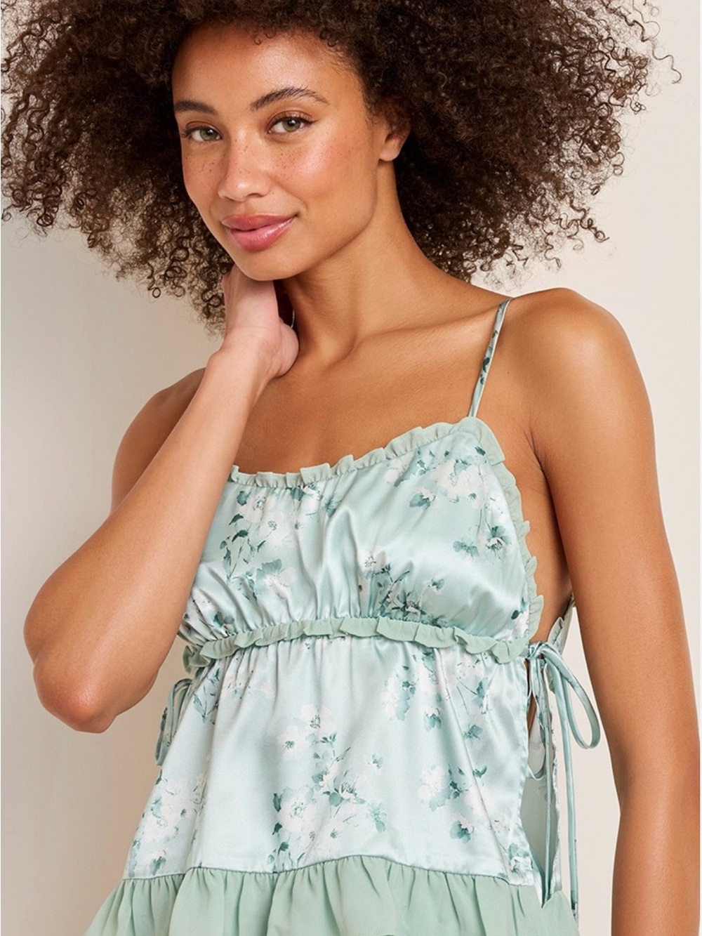 Francesca's Collections Mint Green Floral Satin Cami Nightdress